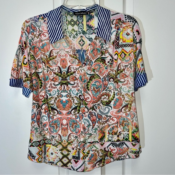 Tolani Collection Blouse Short Sleeve Button Down Paisley Blue White Stripe XXS - Picture 2 of 14